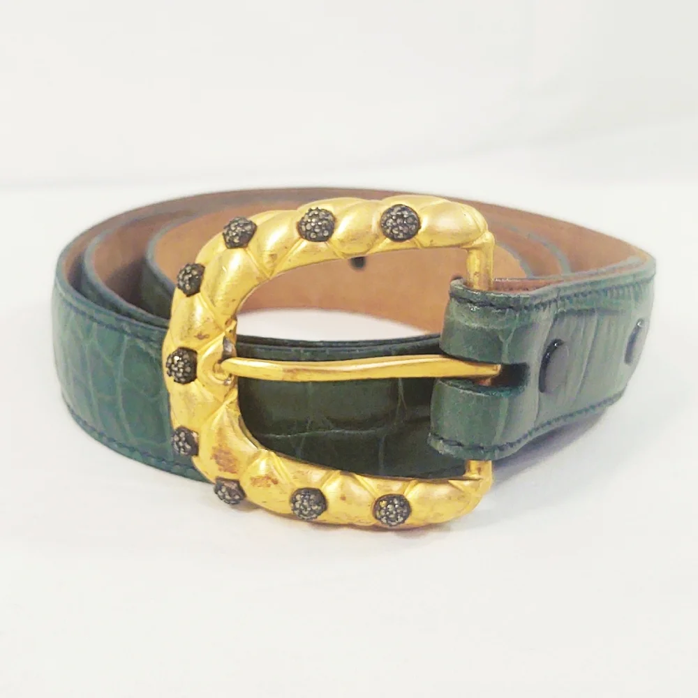 Vintage Judith Jack Green Alligator Belt/Gold & Marcasite Buckle- Small